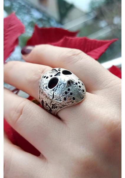 Antik Gümüş Kaplama 13. Cuma Jason Maske Şekilli El Yapımı Ayarlanabilir Unisex Yüzük fiyatları