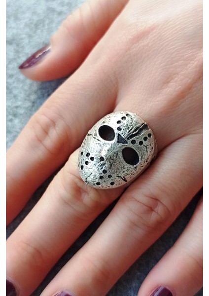 Antik Gümüş Kaplama 13. Cuma Jason Maske Şekilli El Yapımı Ayarlanabilir Unisex Yüzük modelleri