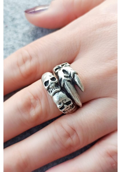 Antik Gümüş Kaplama Kuru Kafa Pençe Şekilli El Yapımı Ayarlanabilir Unisex Yüzük