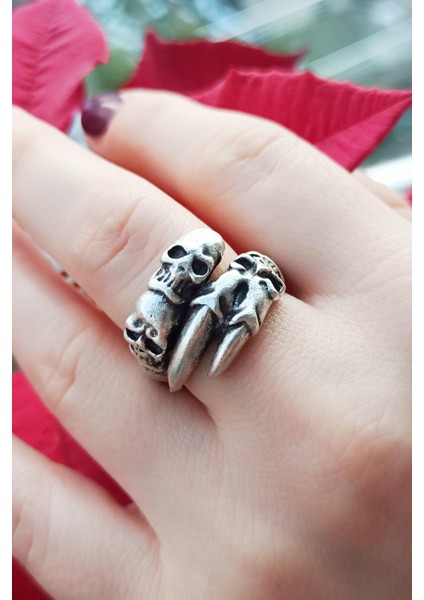 Antik Gümüş Kaplama Kuru Kafa Pençe Şekilli El Yapımı Ayarlanabilir Unisex Yüzük modelleri