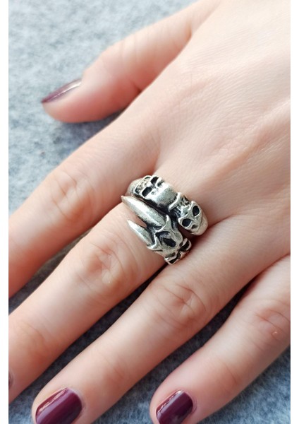 Antik Gümüş Kaplama Kuru Kafa Pençe Şekilli El Yapımı Ayarlanabilir Unisex Yüzük fırsatları