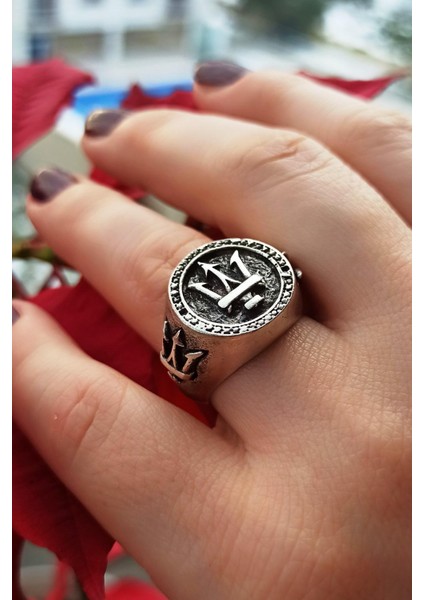 Antik Gümüş Kaplama Poseidon 3 Oklu Mızrak Şekilli El Yapımı Ayarlanabilir Unisex Yüzük