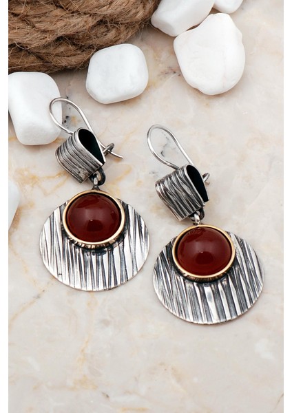 Akik Taşlı Çekiç Dövme Elişi Gümüş Küpe 5595