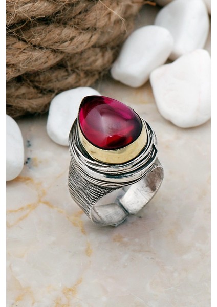 Lal Taşlı Damla Tel Sarma Elişi Gümüş Yüzük 3273