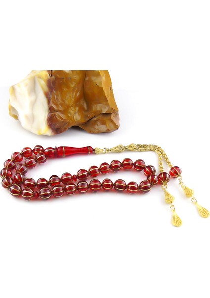 Karpuz Dilimi Işlemeli Sıkma Kehribar Tesbih