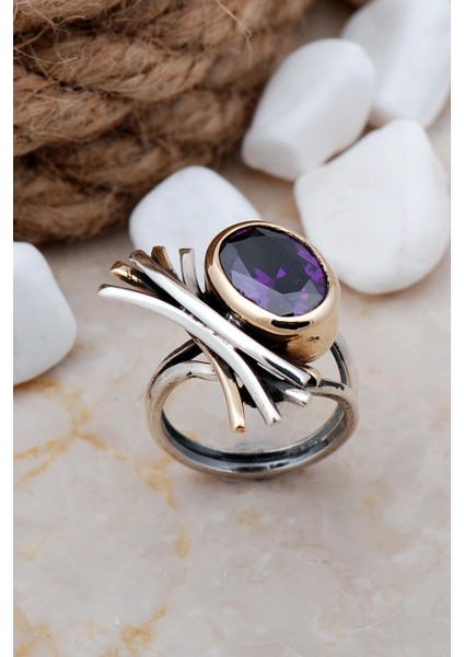 Ametist Taşlı Elişi Tasarım Gümüş Yüzük 3264