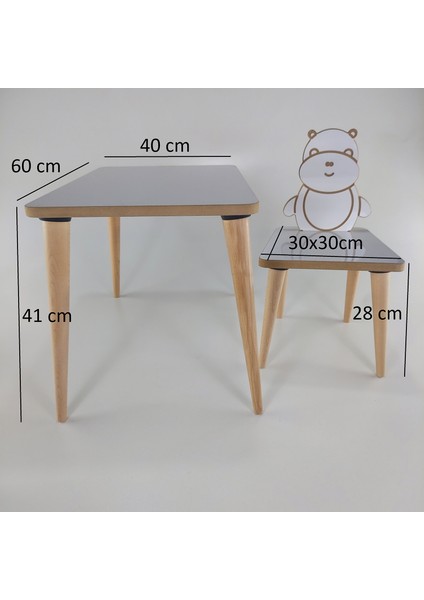 Yaz Sil Yüzey - Su Aygırı Temalı Montessori Çocuk Aktivite Masa Sandalye Takımı 2+1