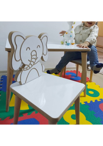 Yaz Sil Yüzey - Fil Temalı Montessori Çocuk Aktivite Masa Sandalye Takımı 2+1