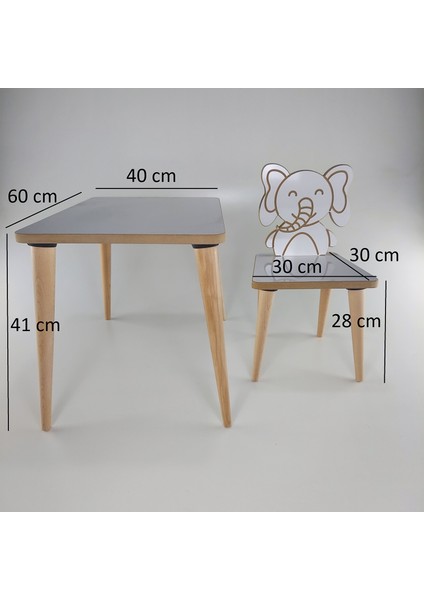 Yaz Sil Yüzey - Fil Temalı Montessori Çocuk Aktivite Masa Sandalye Takımı 2+1