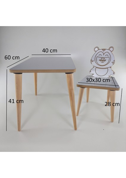 Yaz Sil Yüzey - Kaplan Temalı Montessori Çocuk Aktivite Masa Sandalye Takımı 2+1