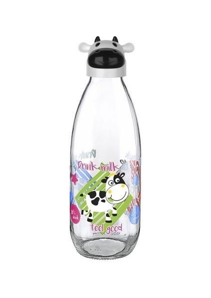 Inek Tasarımlı Sevimli Cam Suluk - Süt Şişesi 1000 ml