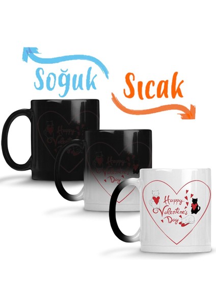 Aşk Kediler Happy Valentine's Cats Sihirli Kupa Bardak Porselen
