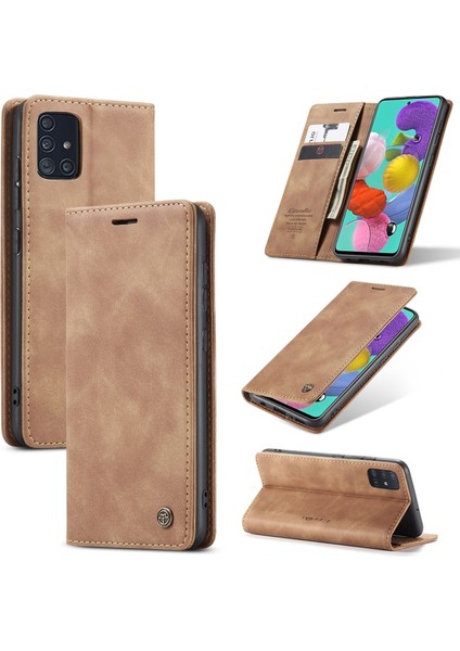 Hello-U 013 Serisi Deri Cüzdan Otomatik Kapanış Galaxy A51 Için Standı - Kahverengi (Yurt Dışından)