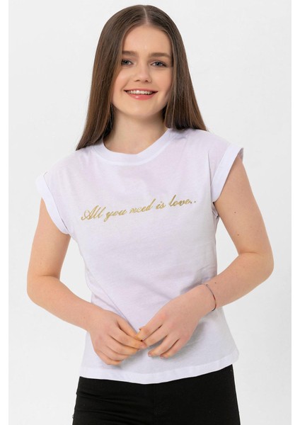 Kadın Önü Yazı Baskılı T-Shirt