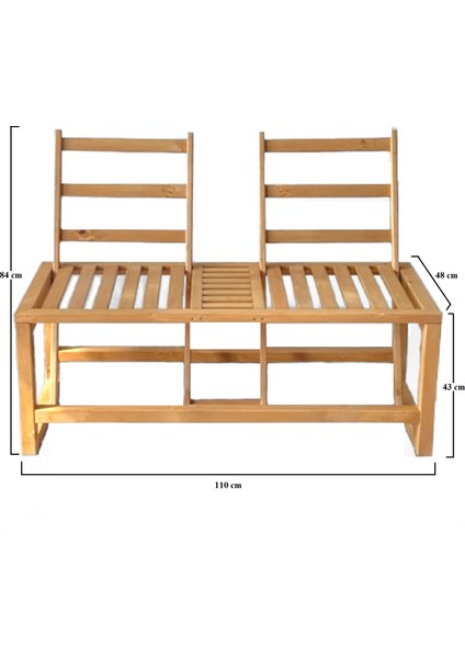 Masif Çam Doğal Ahşap Çift Yönlü Bahçe Aşk Bankı 110 x 48 cm Bench Sandalye Dış Mekan Teras Teak Rengi