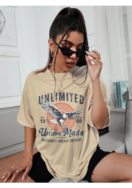 Kadın Vizon Unlimited Baskılı Oversize T-Shirt