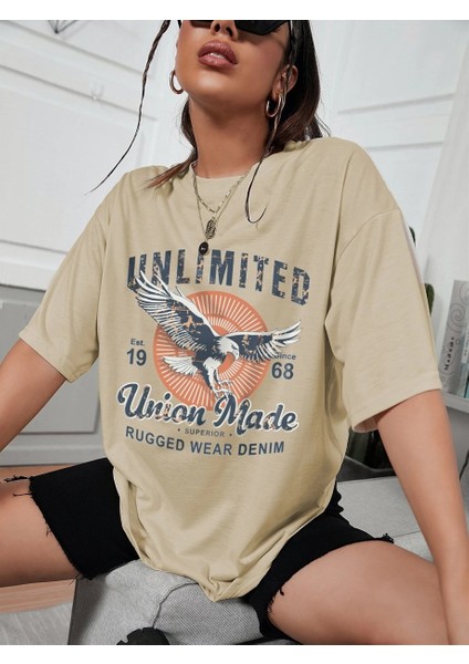 Kadın Vizon Unlimited Baskılı Oversize T-Shirt