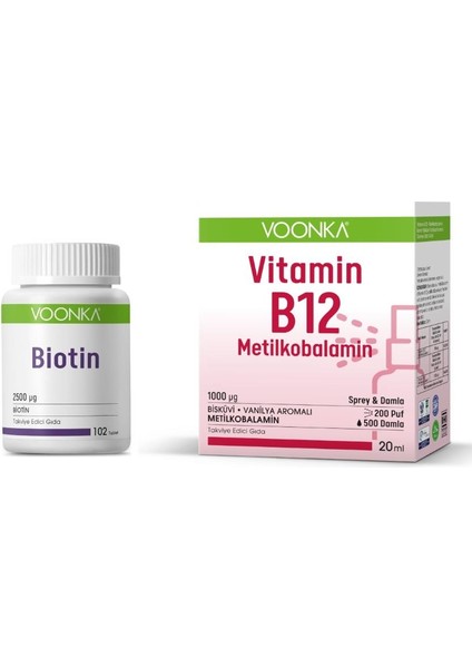 Biotin 102 Tablet+Voonka B12 Metilkobalamın Sprey & Damla 20 ml