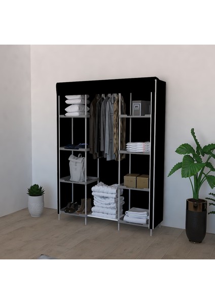 Plastik Raflı Portatif Bez Dolap Hızlı ve Kolay Kurulumlu Bez Gardrop Siyah