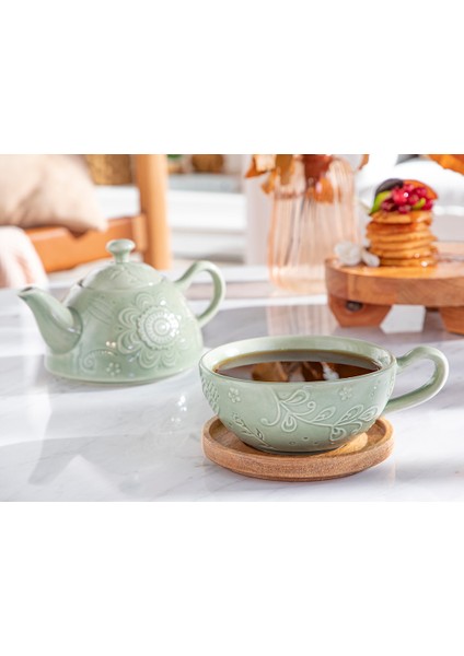 English Home Floral Poem Stoneware Demlik Seti 350 Ml + 250 Ml Yeşil