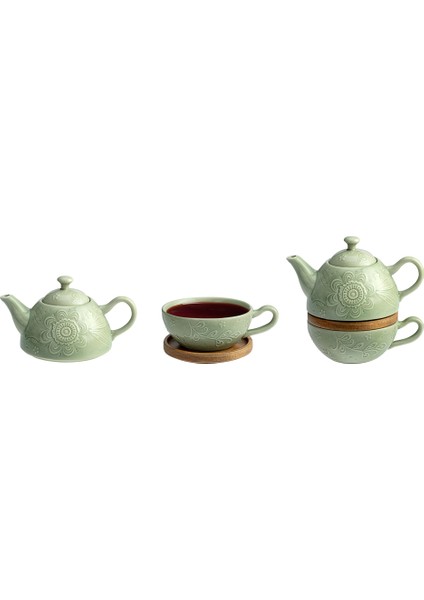 English Home Floral Poem Stoneware Demlik Seti 350 Ml + 250 Ml Yeşil