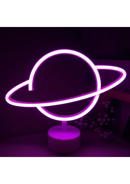 Pembe Saturn Gezegen Neon Lamba Pilli Planet Neon LED Işık