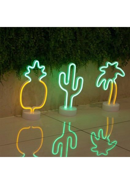 Tropikal Neon LED Lamba 3'lü Set USB ve Pilli Palmiye Ananas Kaktüs LED Işık