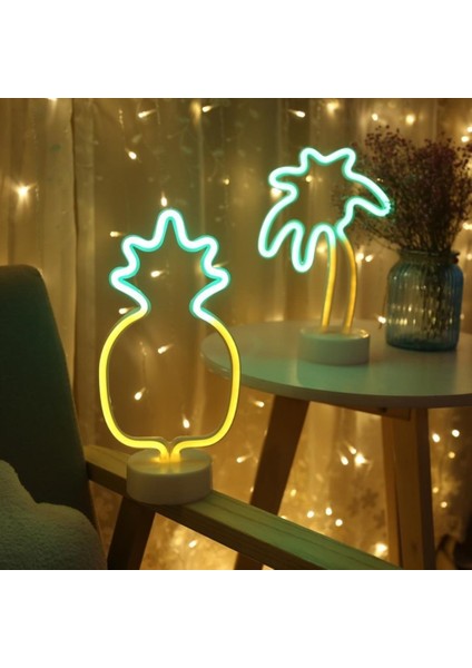 Tropikal Neon LED Lamba 3'lü Set USB ve Pilli Palmiye Ananas Kaktüs LED Işık