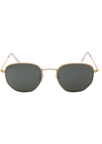 E102 Metal Geometrik Köşeli Model Gold Koyu Yeşil Unisex Güneş Gözlüğü C3 CAT.3