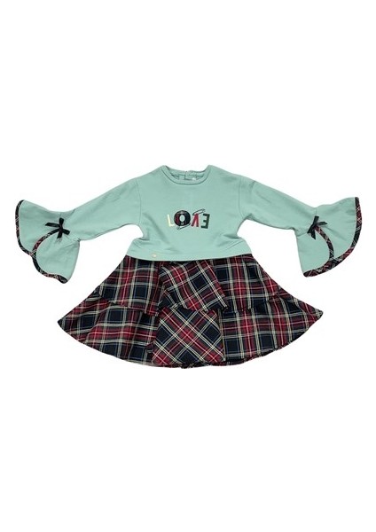 Kız Bebek Mint Yeşil Ekose Etekli Çıtçıtlı Elbise