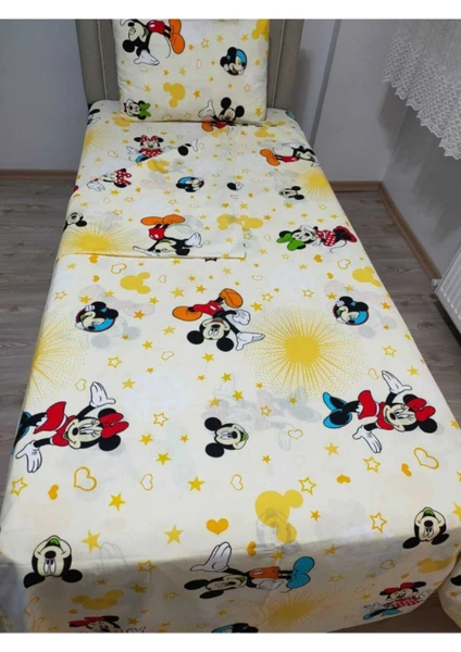 Tek Kişilik Sarı Mickey Mouse Nevresim Çarşaf Takımı