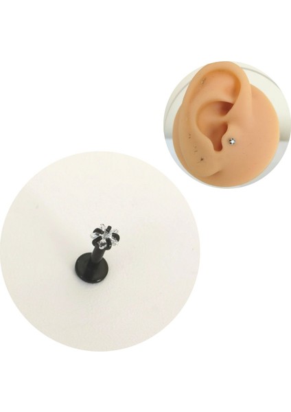 Cerrahi Çelik Yıldız Zirkon Taşlı Siyah Piercing- Bar Uzunlugu 6mm - 1 Adet