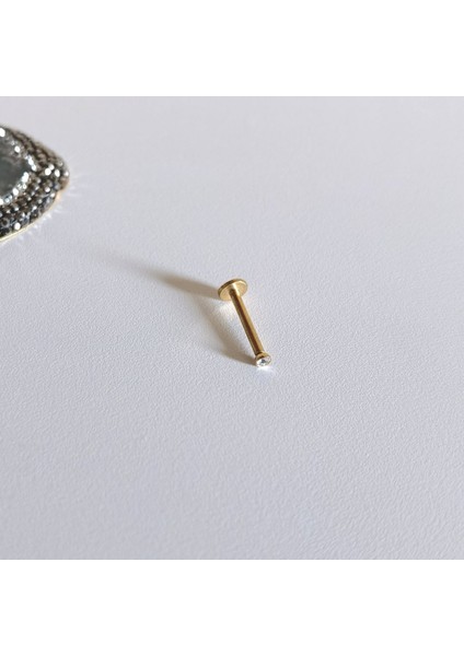 Cerrahi Çelik Zirkon Taşlı Gold Dudak Piercing 10 mm - 1 Adet
