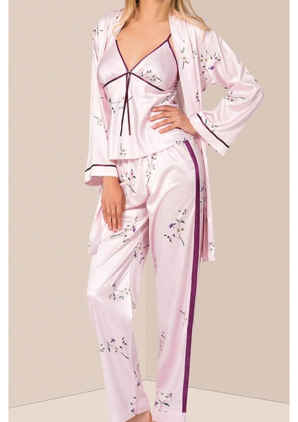 Kadın Pudra 3 Lü Saten Sabahlıklı Pijama Takım 017