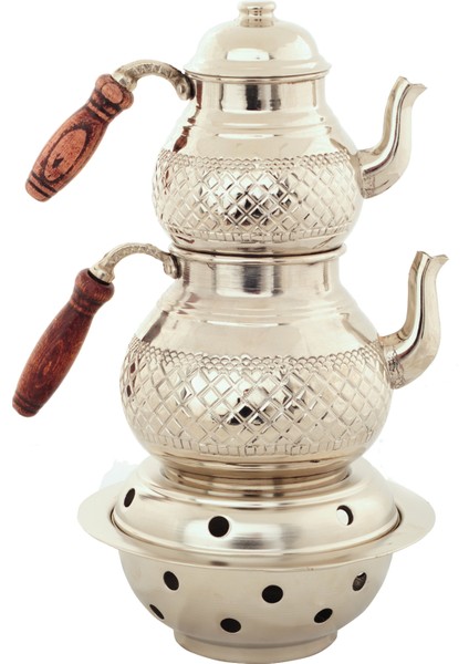 Gümüş Renk Osmanlı Ocaklı Çaydanlık Takımı Bakır demlik , Geleneksel çaydanlık,El yapımı çaydanlık