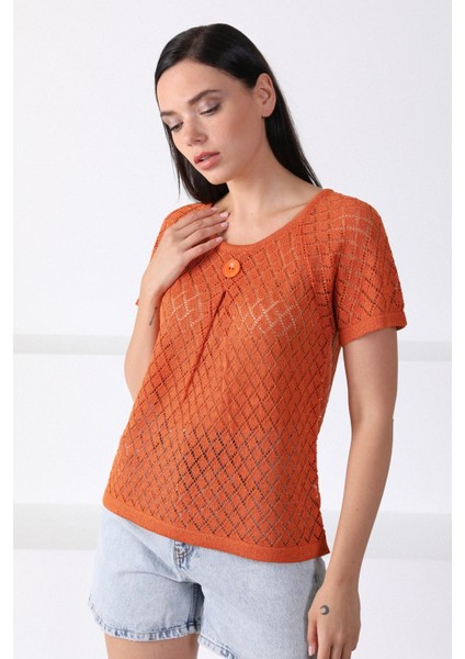 Orange Yuvarlak Yaka Ajurlu Kadın Triko Kazak fiyatları