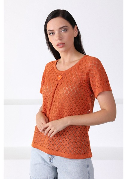 Orange Yuvarlak Yaka Ajurlu Kadın Triko Kazak modelleri