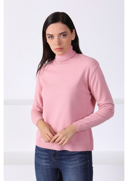 Pembe Balıkçı Yaka Kadın Triko Kazak