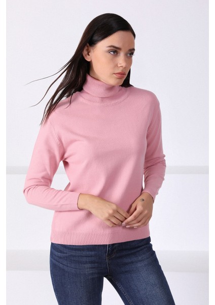 Pembe Balıkçı Yaka Kadın Triko Kazak