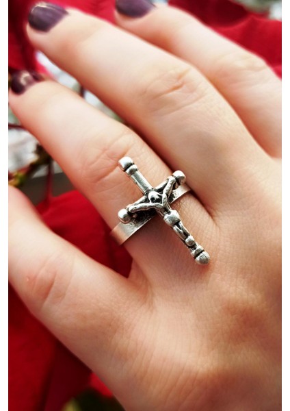 Antik Gümüş Kaplama Haç Şekilli El Yapımı Ayarlanabilir Kadın Yüzük