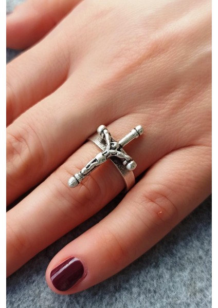Antik Gümüş Kaplama Haç Şekilli El Yapımı Ayarlanabilir Kadın Yüzük fiyatları