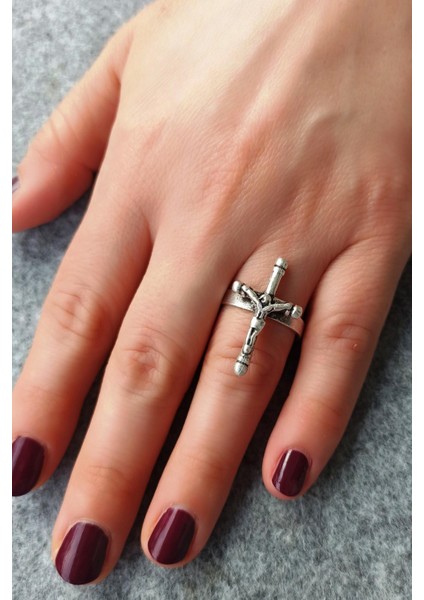 Antik Gümüş Kaplama Haç Şekilli El Yapımı Ayarlanabilir Kadın Yüzük modelleri