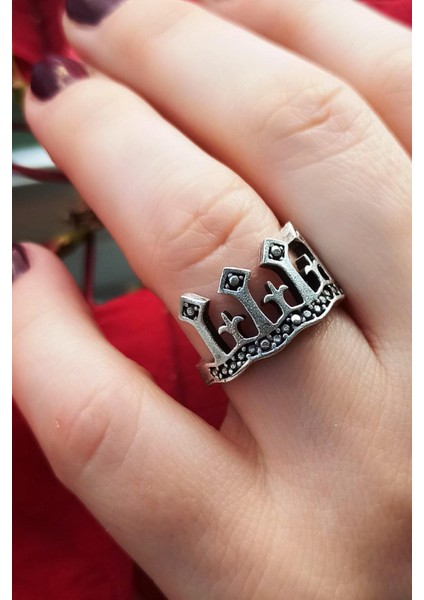 Antik Gümüş Kaplama Kral Tacı Şekilli El Yapımı Ayarlanabilir Unisex Yüzük