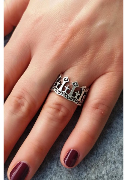 Antik Gümüş Kaplama Kral Tacı Şekilli El Yapımı Ayarlanabilir Unisex Yüzük fiyatları