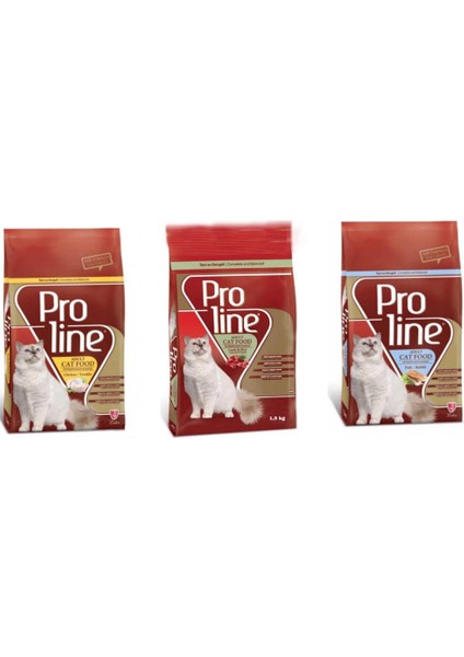 Proline Tavuklu, Balıklı, Kuzu Etli Yetişkin Kedi Maması Seti 1.5 kg x 3 Adet