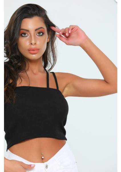 Siyah Ip Askılı Kadın Crop modelleri