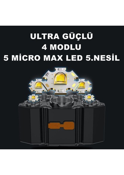 RC-21 Şarjlı 5 LED 5X T6 Cree Led 36000 Lümen Profosyonel Kafa Feneri Lambası 4 Modlu