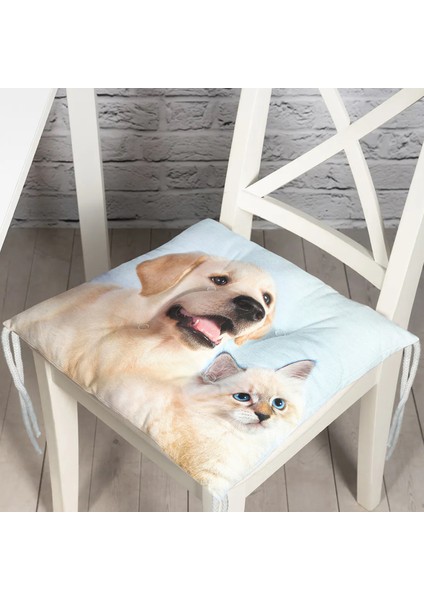Köpek ve Kedili Dijital Baskılı Modern Pofidik Sandalye Minderi