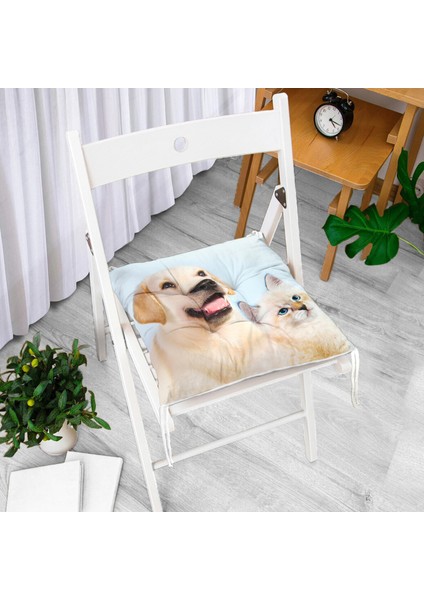 Köpek ve Kedili Dijital Baskılı Modern Pofidik Sandalye Minderi