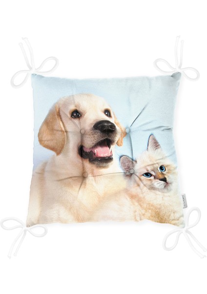 Köpek ve Kedili Dijital Baskılı Modern Pofidik Sandalye Minderi